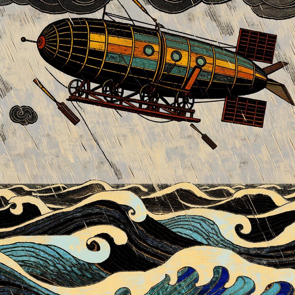 Steampunk Airship Navigates Storm in Woodblock Style