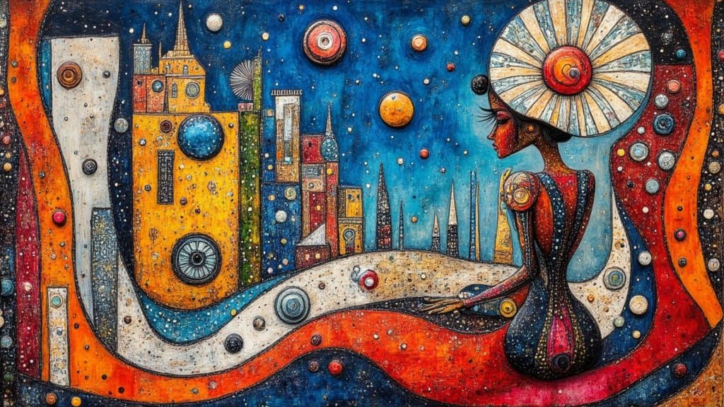 Woman on Balcony in Surreal Cubist Style