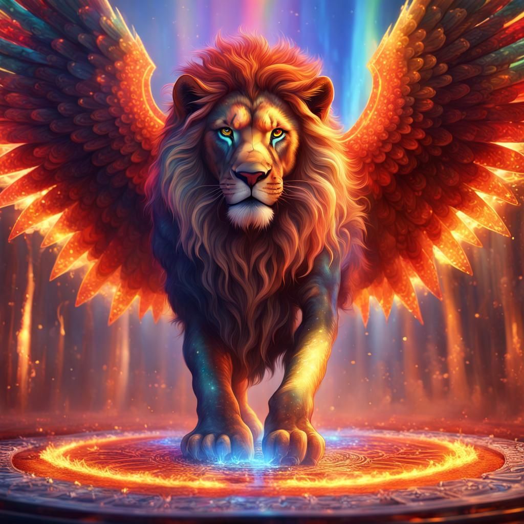 Rainbow Fire Lion on Crystal Carpet, Fantasy Art