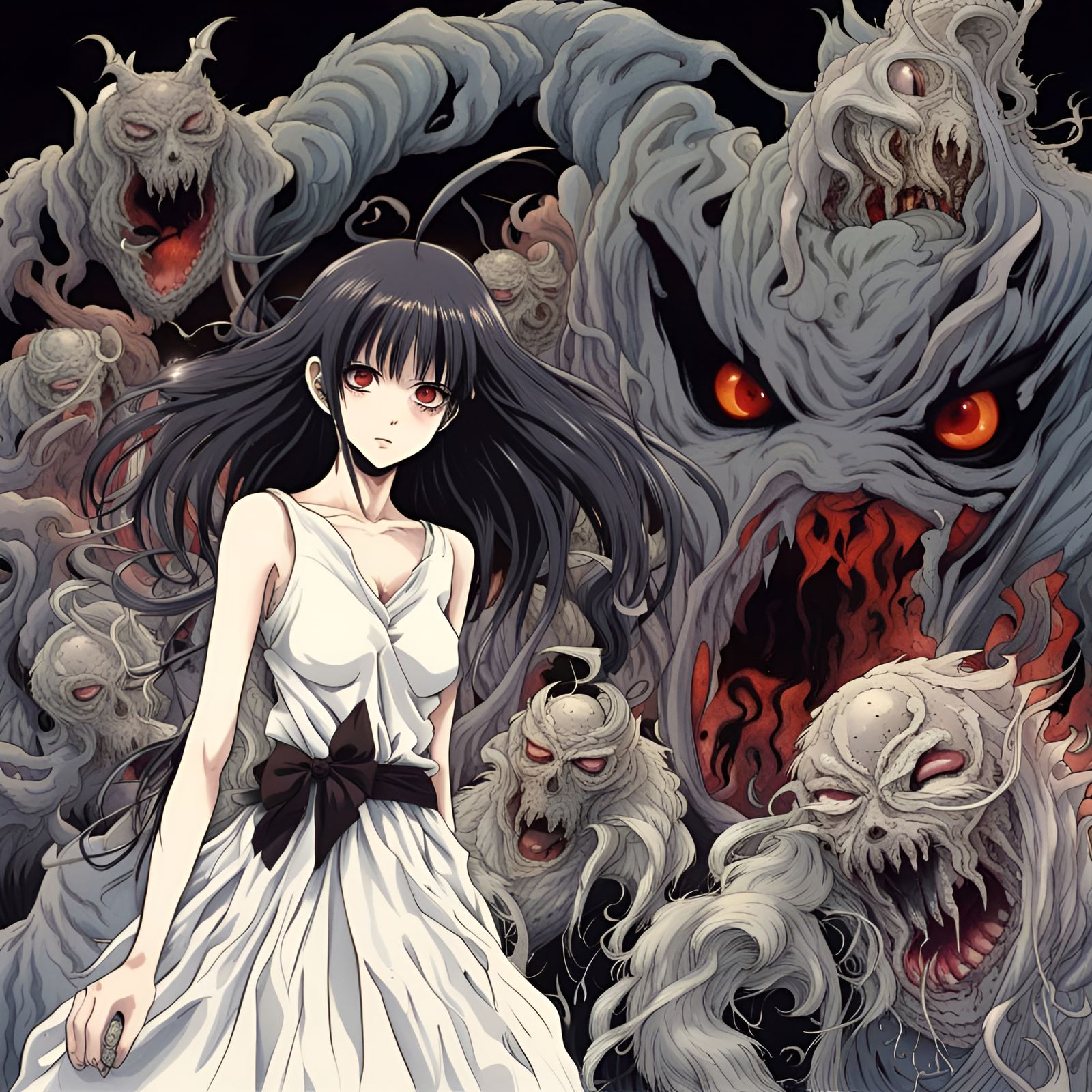 Scary Anime Horror Girl with Demons, in Manga Style
