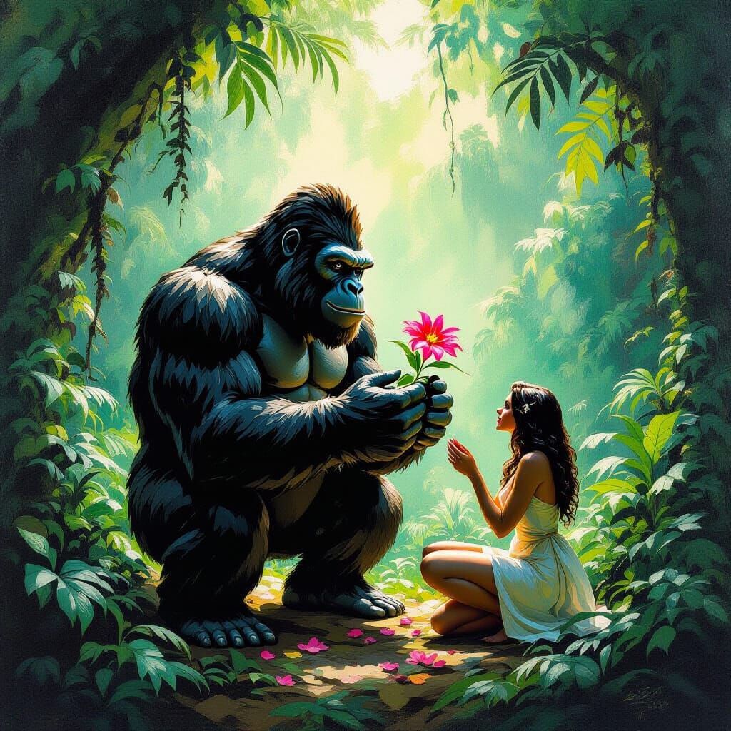 King Kong Offers Flower in Lush Jungle, Impasto Oil Painting