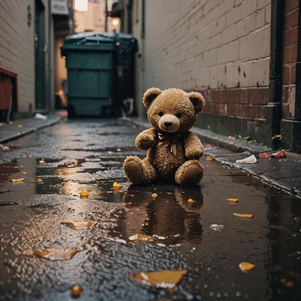 Teddy Bear in Trash: Cinematic Film Still