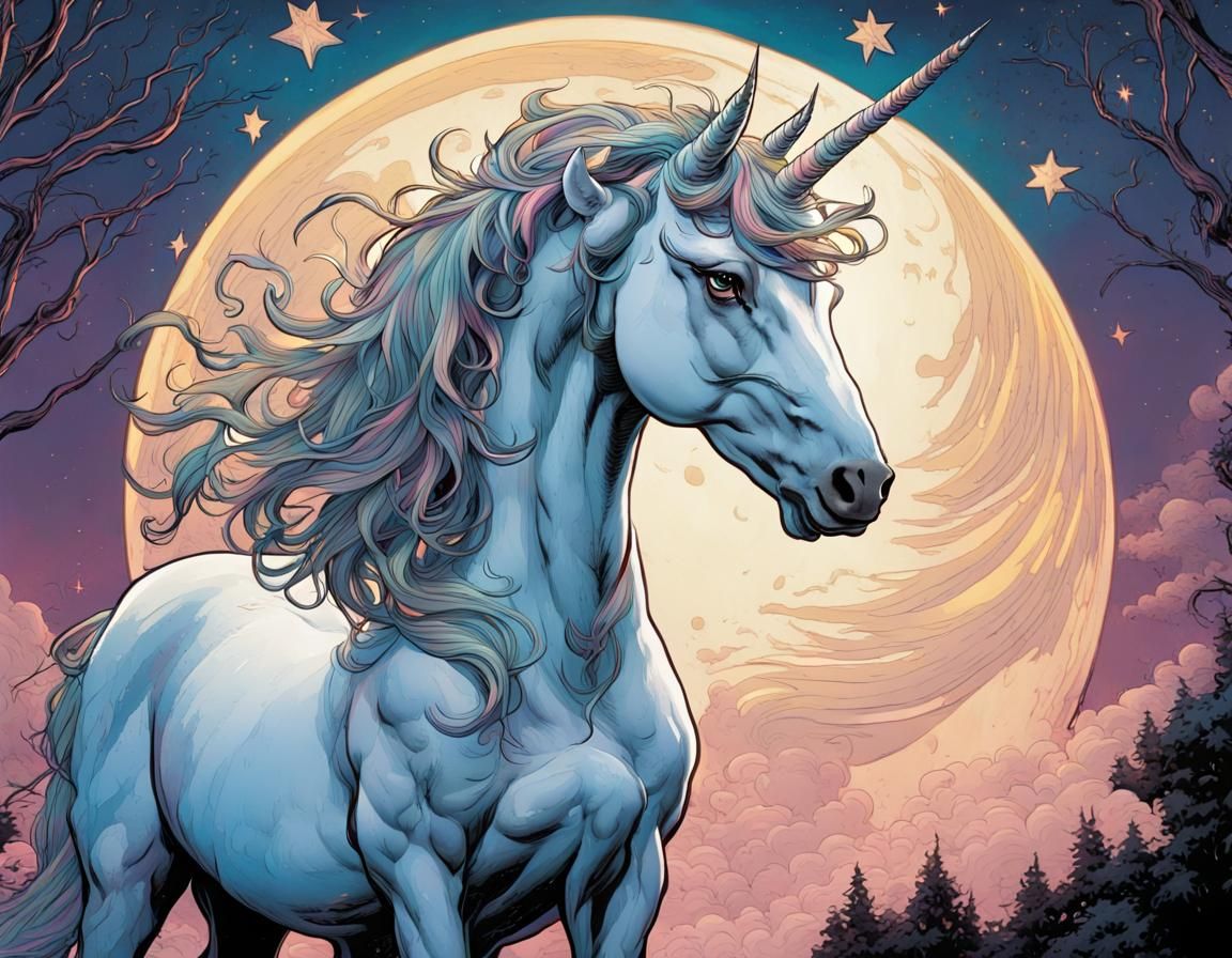 Unicorn Under the Moon in Comic Book Style