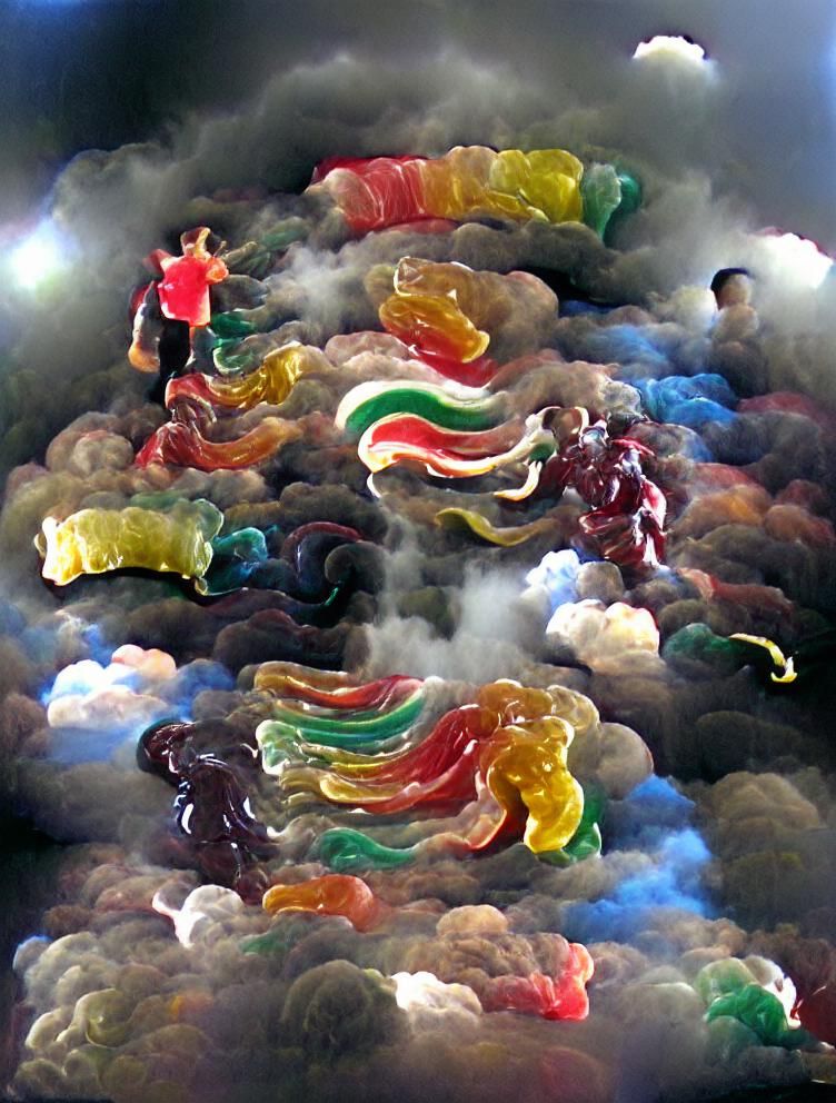 Colorful Gummy Figures Swirling in a Cloud