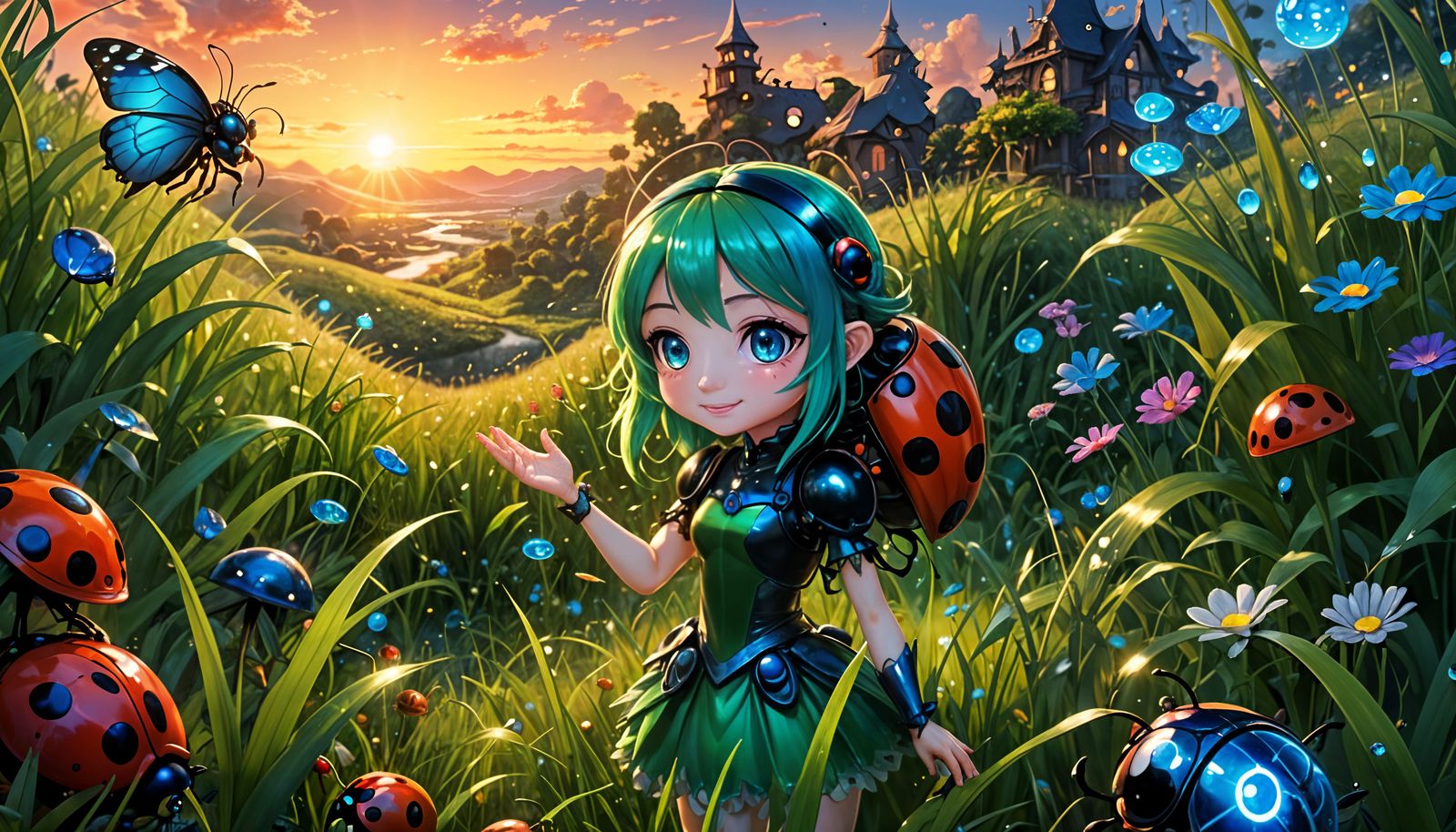 Anime Fairy Princess and Giant Ladybug in Micro-World