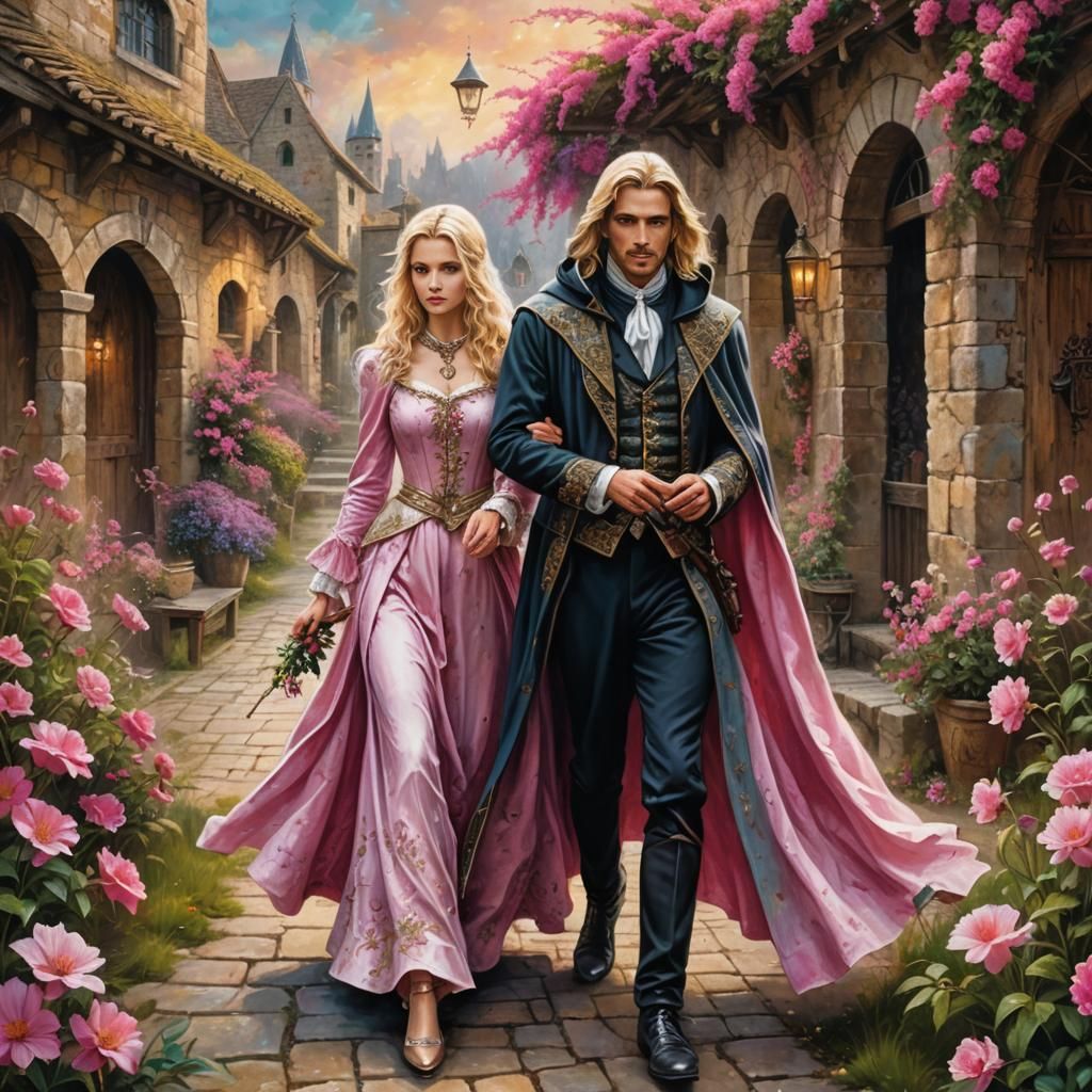 Medieval Gentleman and Lady in Pink Flower Lane