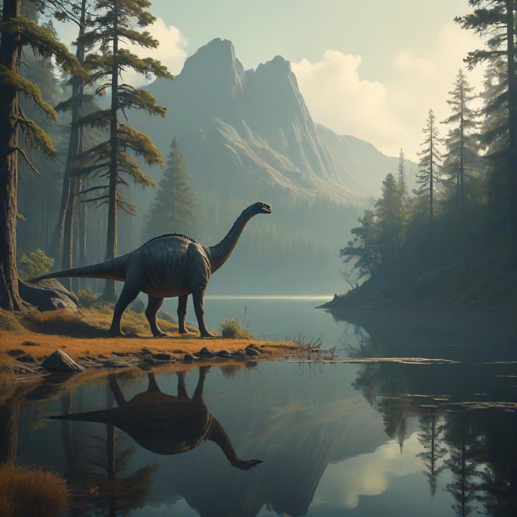 Dinosaur Grazing by Lake in Retro Sci-Fi Style