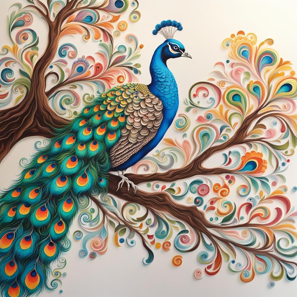Vibrant Peacock on a Tree Branch in Whimsical Gouache Style
