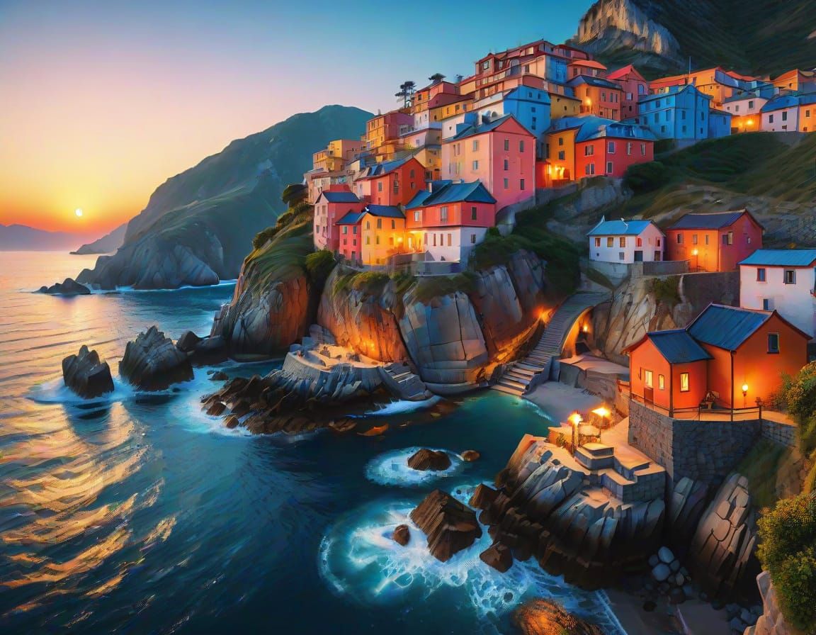 Vibrant Coastal Village at Dusk in Impressive Oil Painting S...