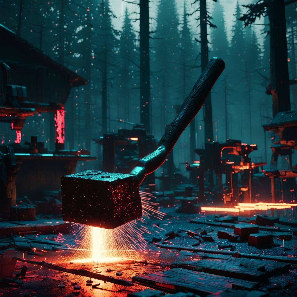Cyberpunk Blacksmith Shop in Rainy Forest