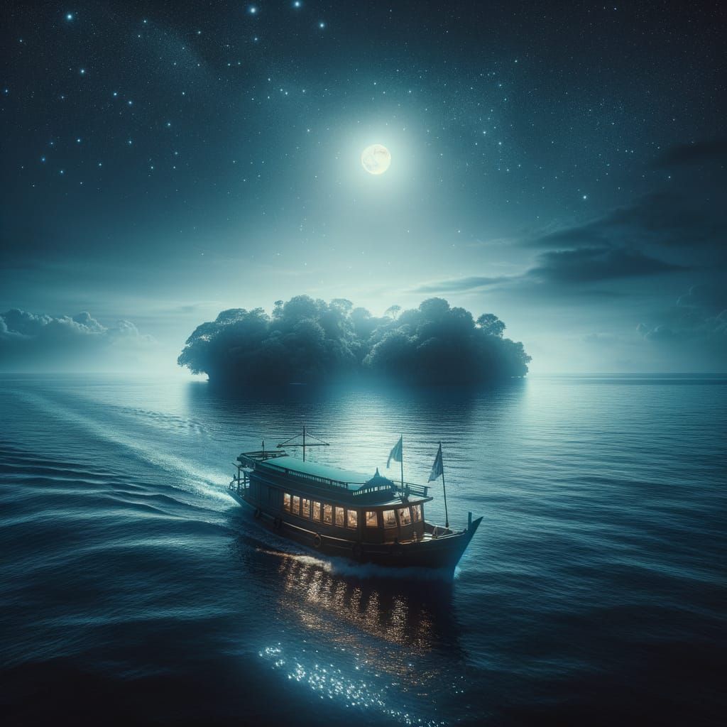 Vessel Under Starlit Skies Sails to Enigmatic Island