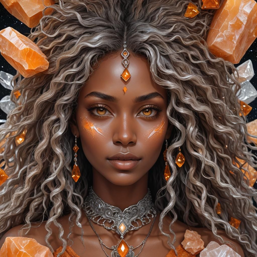 Stunning Woman with Calcite Pendant in Cosmic Fantasy