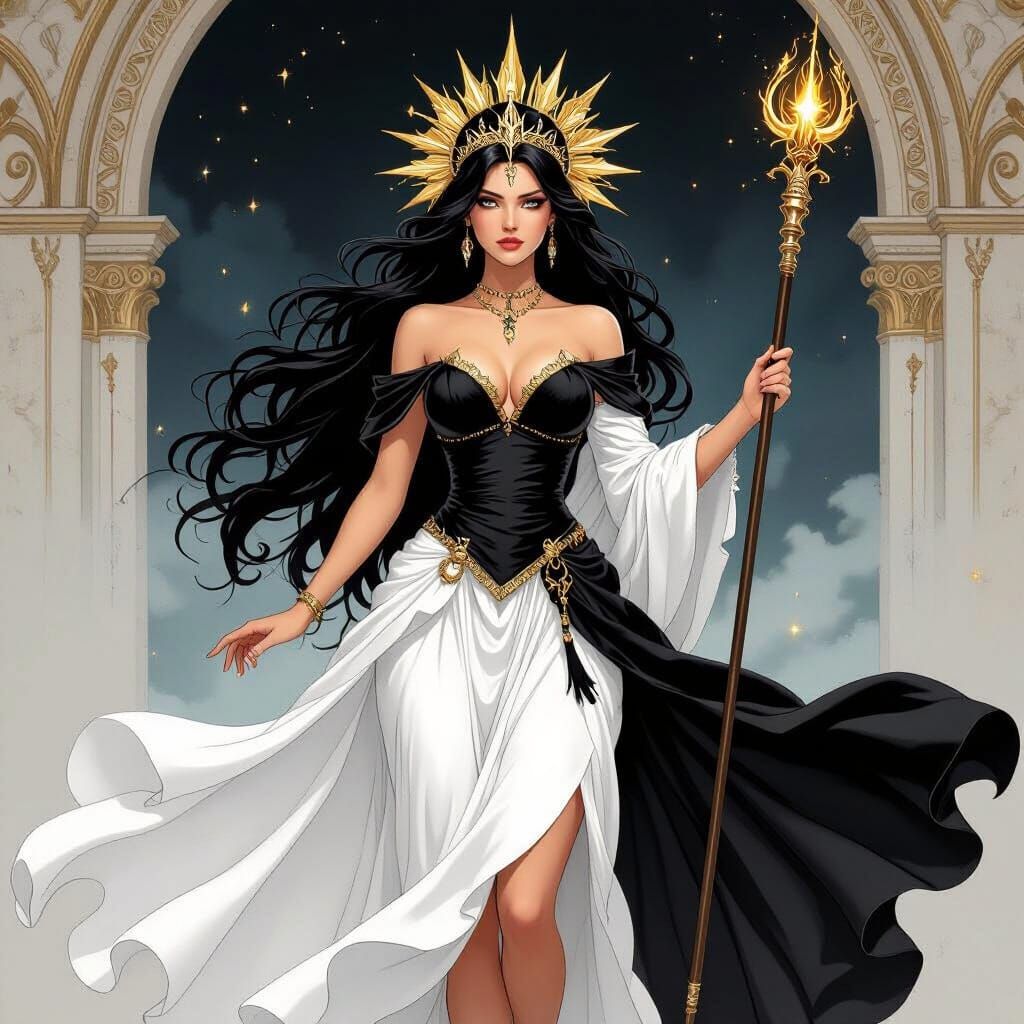 Kirim Goddess in Black and White Skirt with Golden Crown