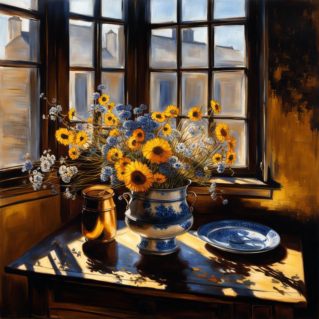 Golden Flowers on Butcher Table: Pollock-Vermeer Style