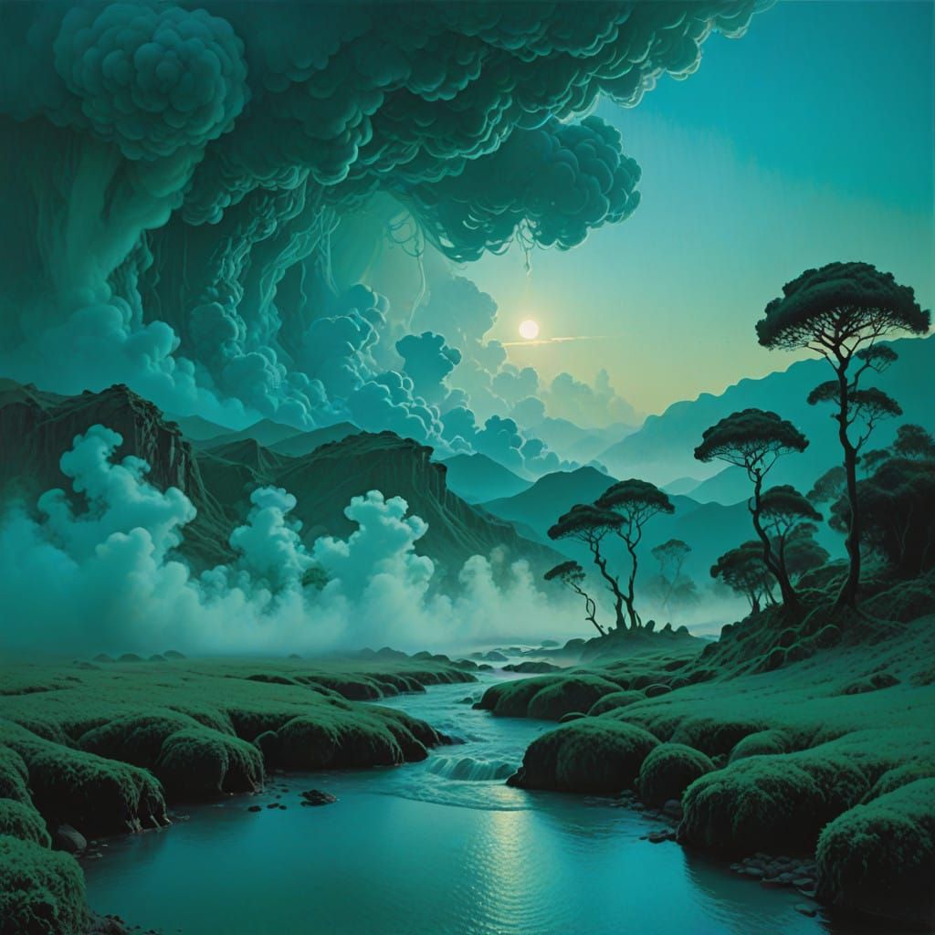 Vibrant Turquoise Dreamscape with Swirling Mist and Tropical...