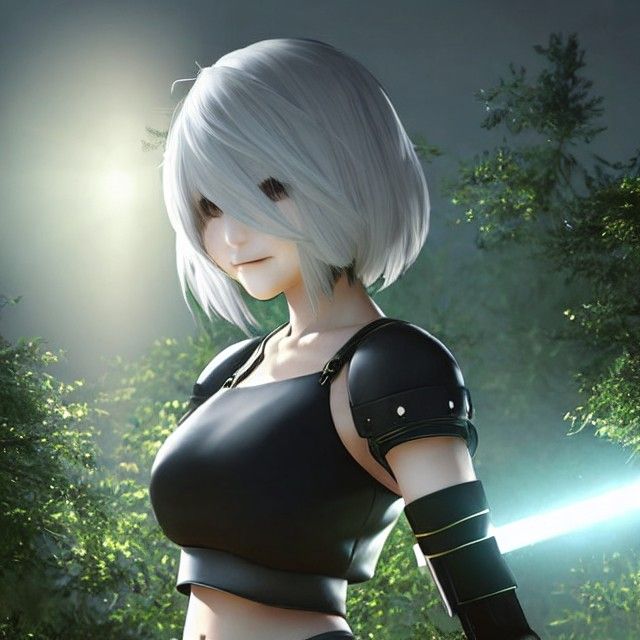 Realistic 2B Smiling in Forest Light