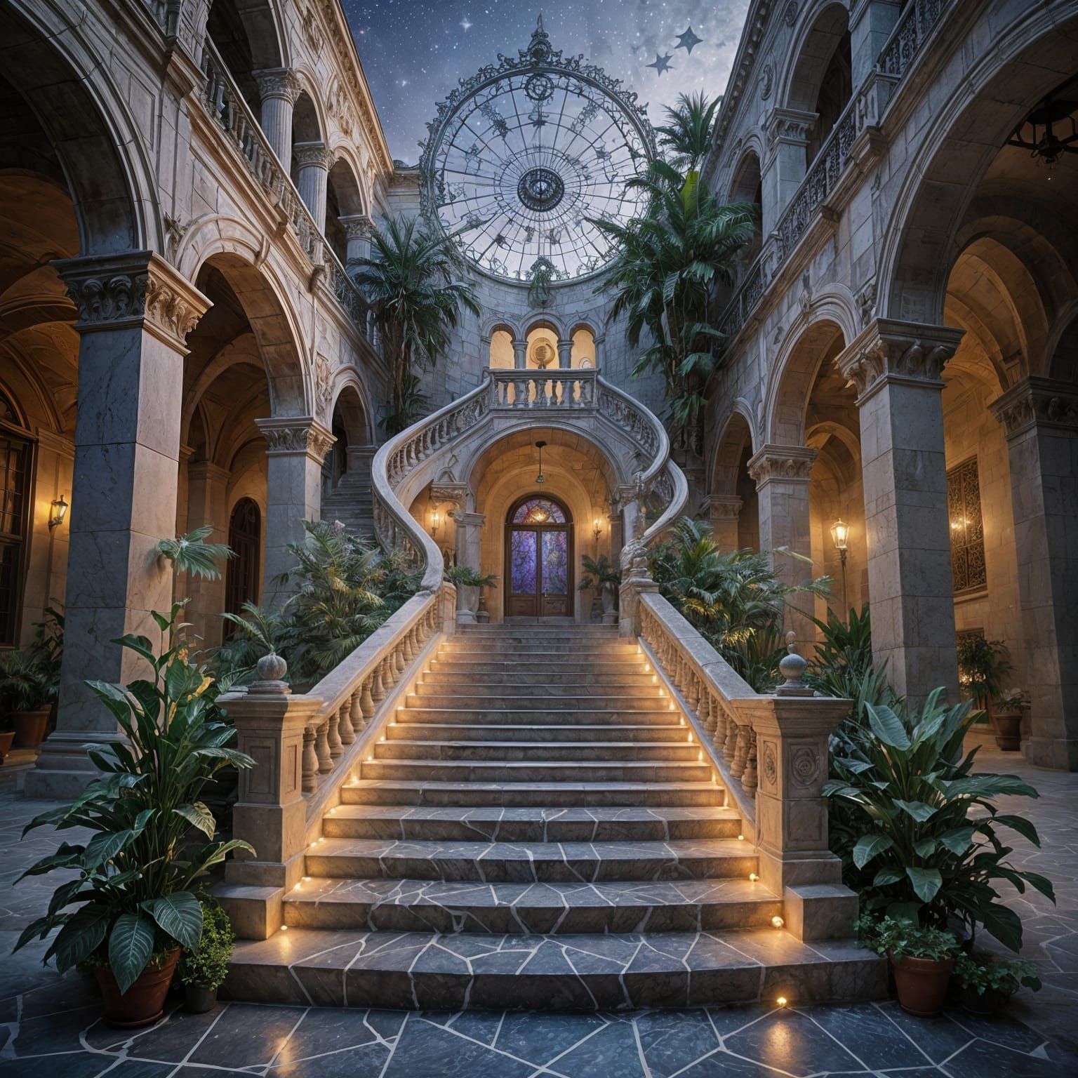 Majestic Staircase in Surreal Bioluminescent Courtyard