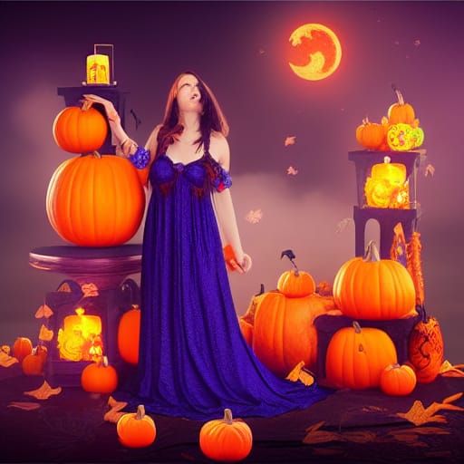 Cinematic Witch with Pumpkins in Dramatic Digital Painting