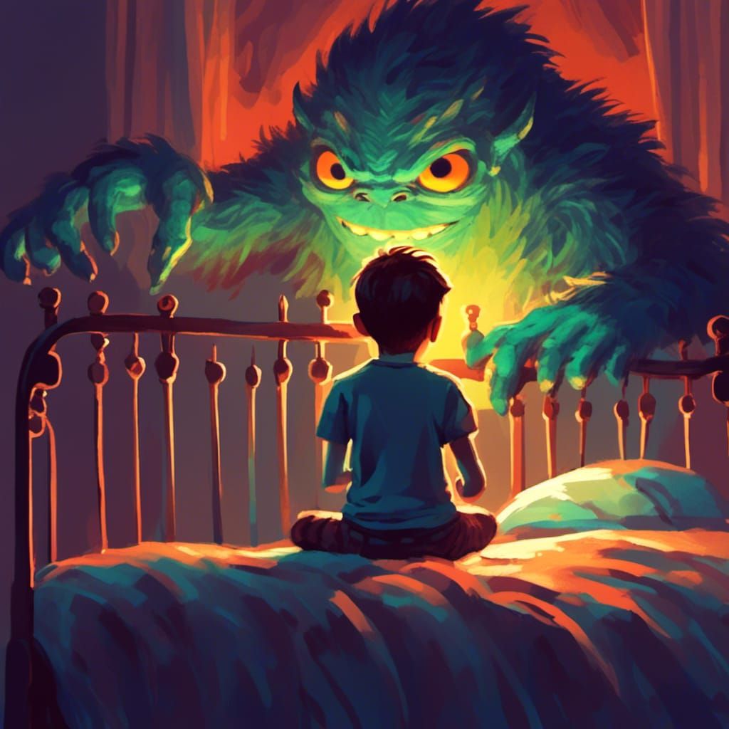 <lora:SybilThorn-LORA4:1.0> a little boy making friends with the monster under his bed