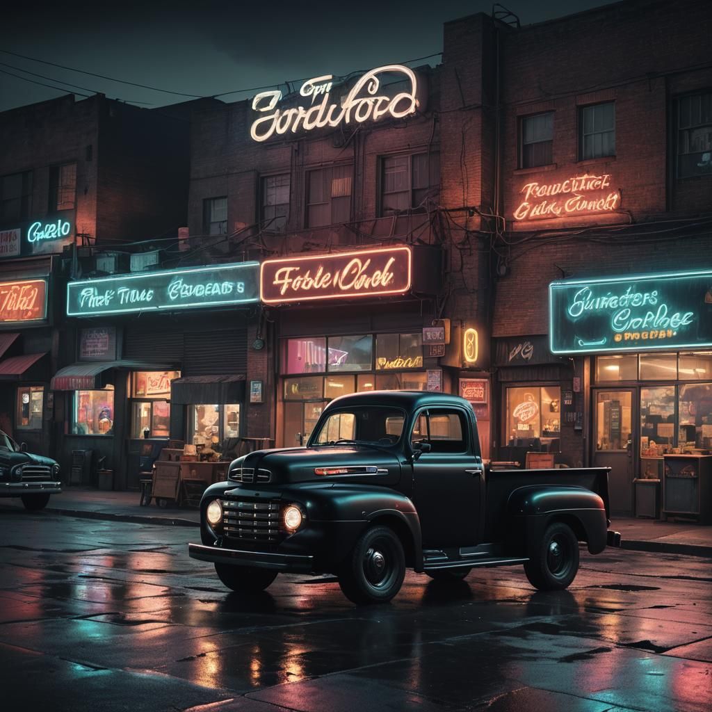 Cyberpunk Ford F-1 Pick-up in Neon Cityscape