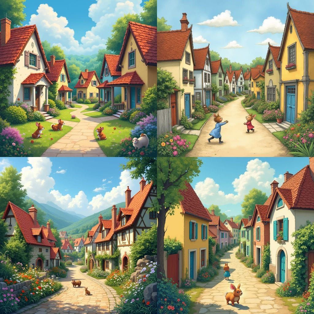 Charming Village Scene with Colorful Houses and Gardens
