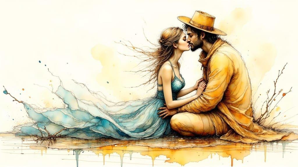 Water Woman Kisses Sand Man in Ethereal Ink Style