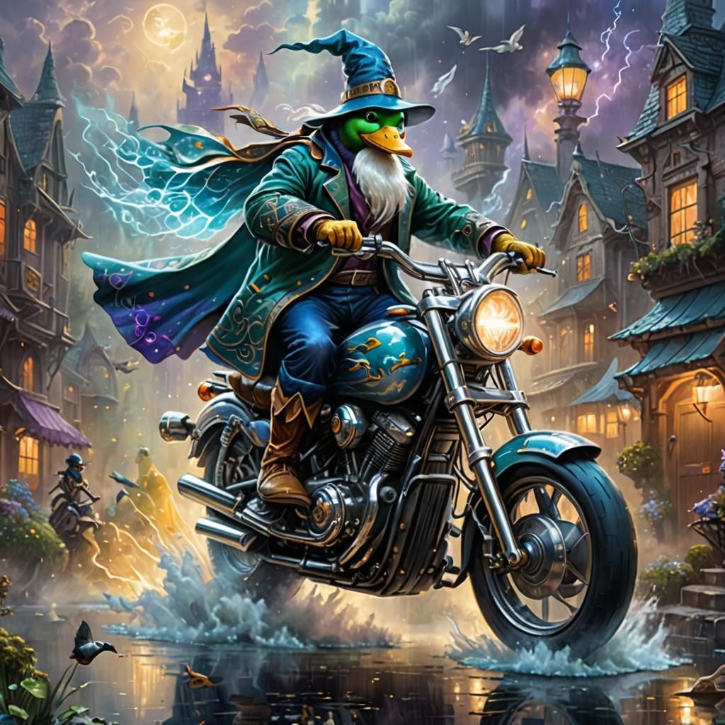 Duck Wizard on Motorcycle in Ethereal Fantasy Scene