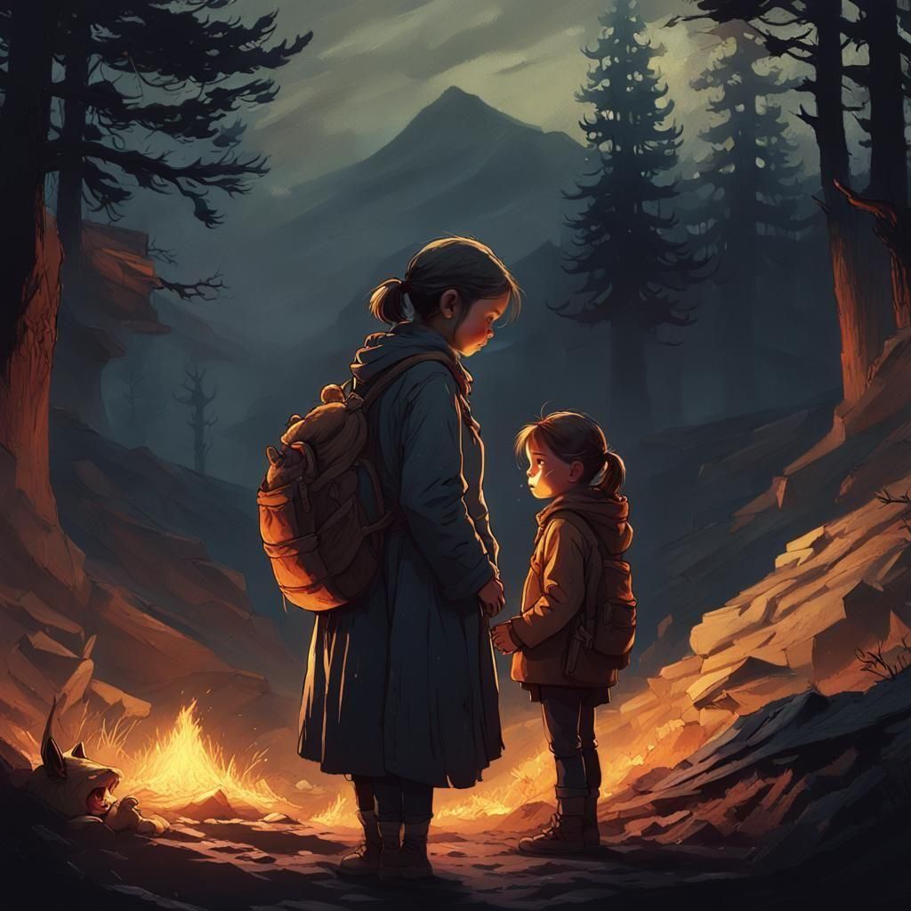 Sad Child and Mother in Dersert Mountains