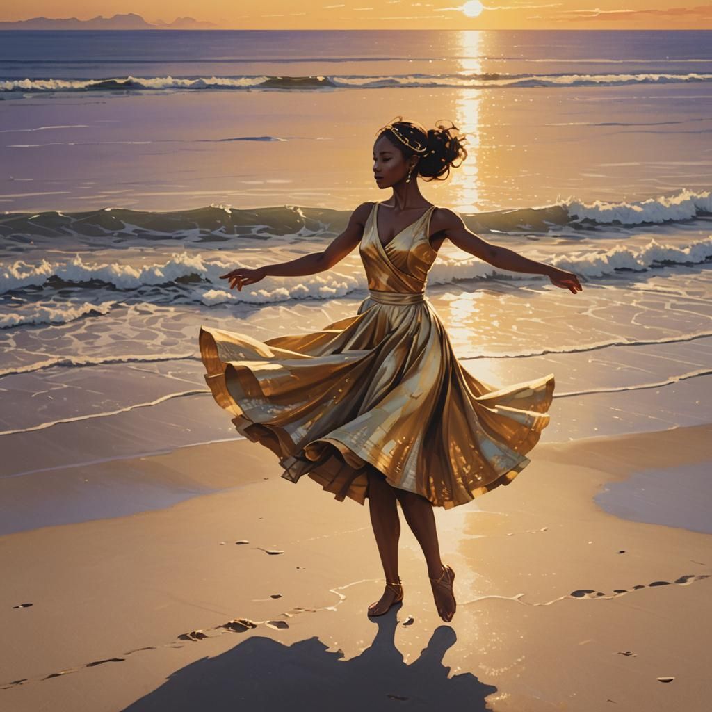 Realistic Dancer Twirling on Beach at Sunset