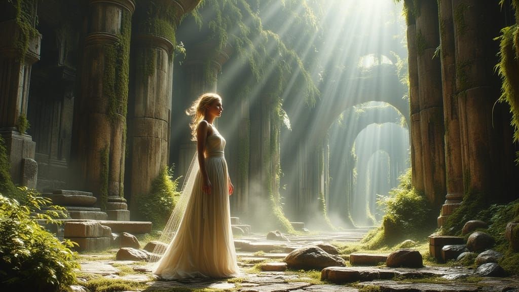 Heroic Blonde Woman Amidst Ancient Ruins