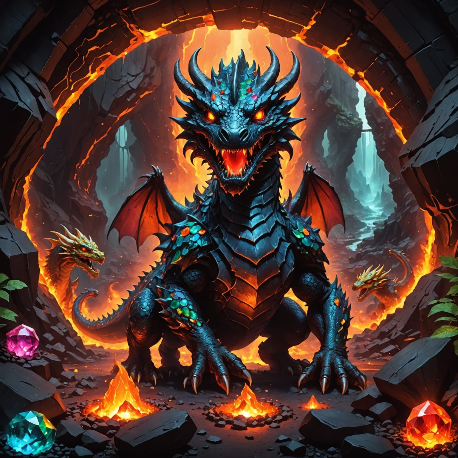 Three-Headed Dragon in a Gem-Filled Lava Tube