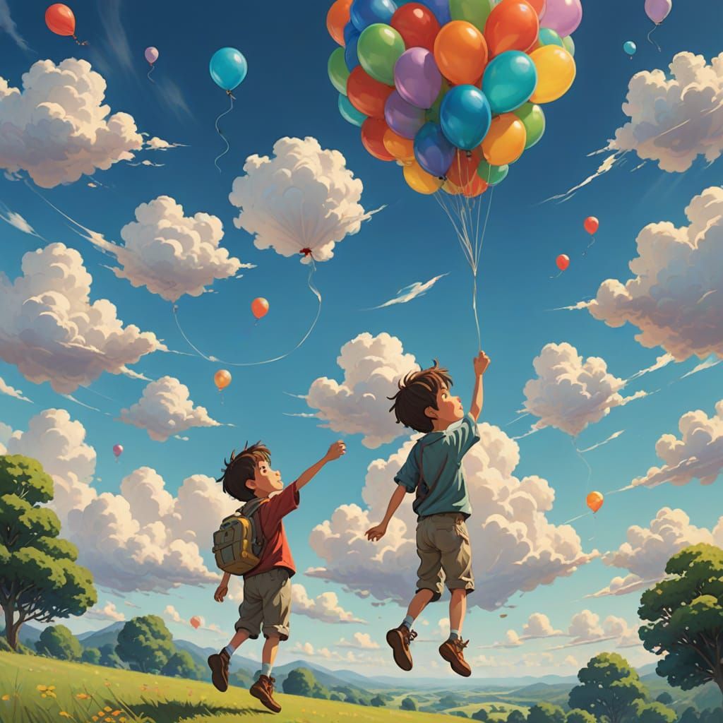 Boy Floats Skyward With Balloon in Whimsical Digital Paintin...