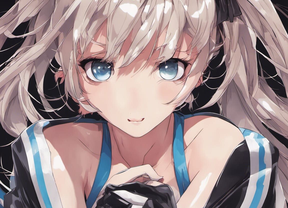 Confident Anime Woman in Bright Blue Latex Outfit