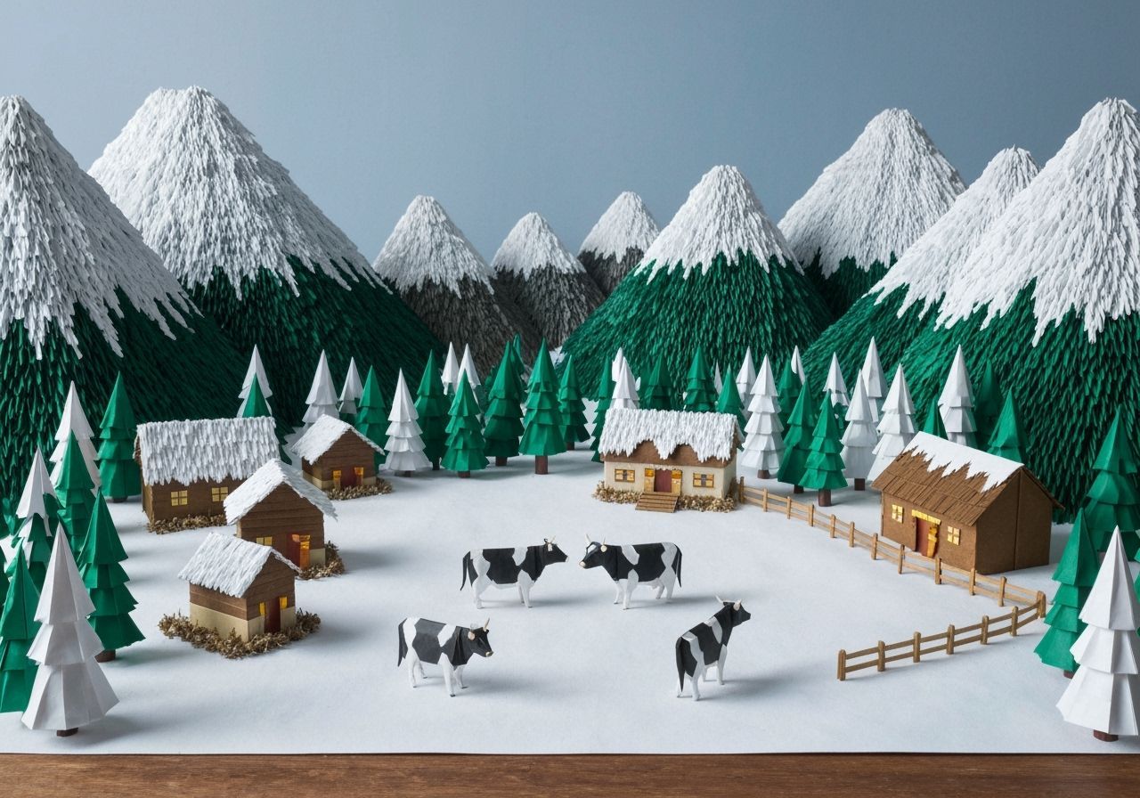 Origami Alpine Winter Scene with Cows and Farm