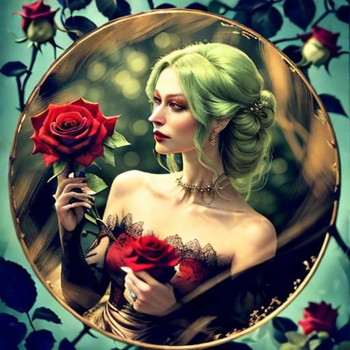 Woman with Rose in Misty Forest: Macro Oil Painting