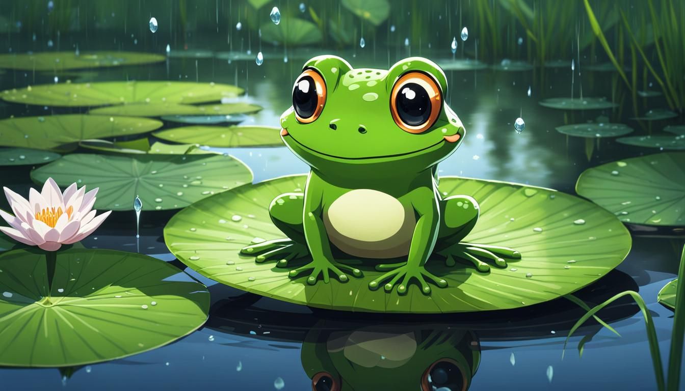 Adorable Frog on Lily Pad in Anime Style