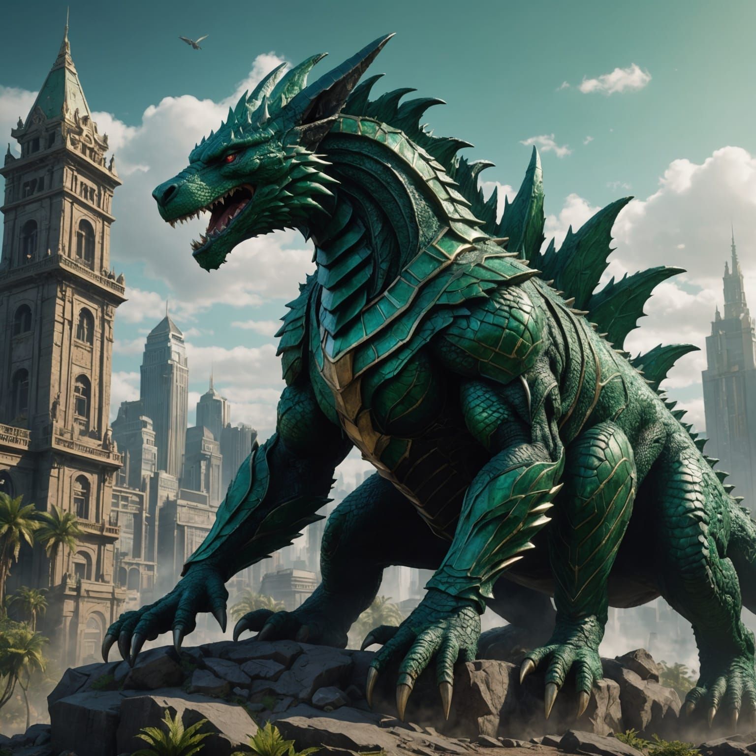 Emerald Anubis Godzilla Dragon: Fantasy Concept Art
