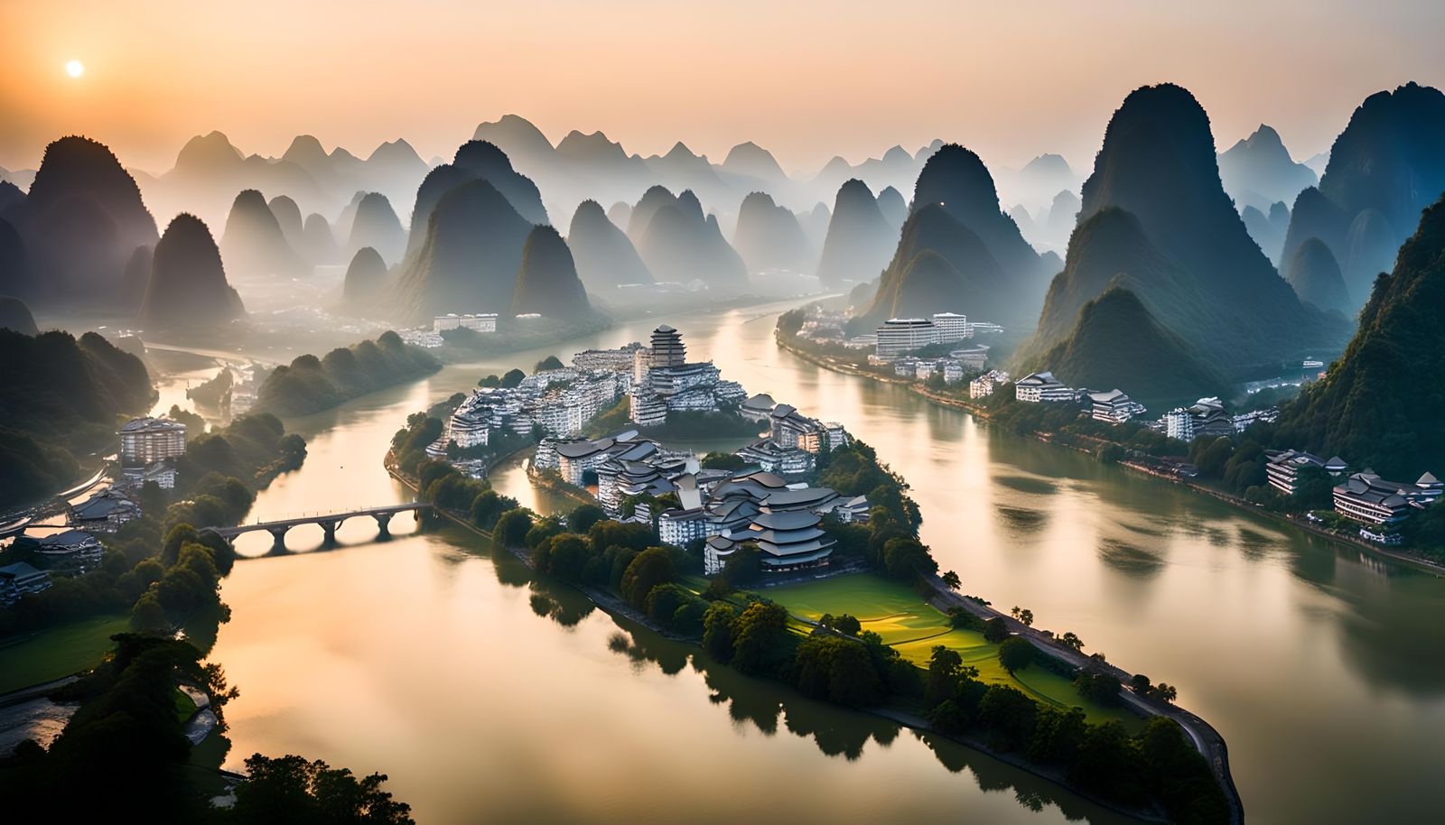 Guilin Dawn: Winding River and Mountains