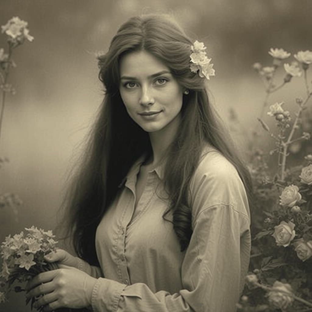 Smiling Woman Gardening in Vintage Photography Style