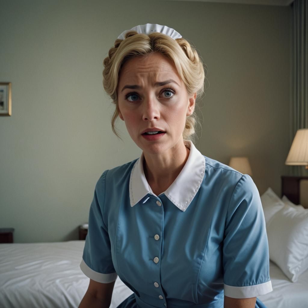 Surprised Maid in Blue Uniform: Cinematic Hotel Scene