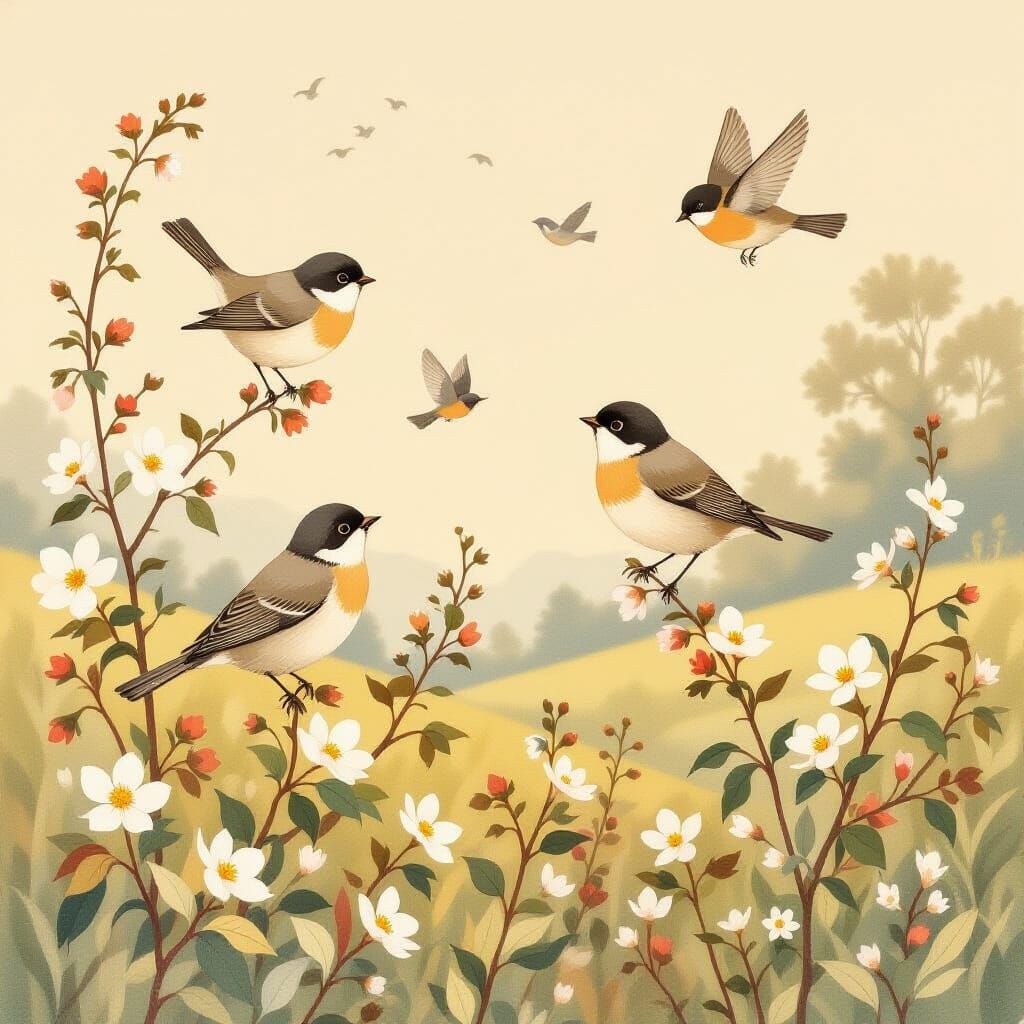 Whimsical Birds Among Blossoms in Golden Light