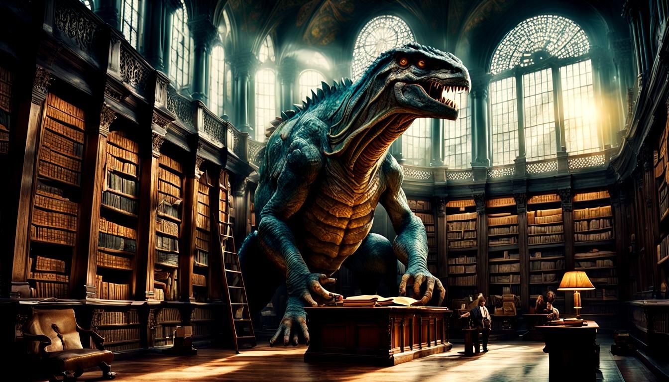 Monsters Reading in a Giant Ancient Library