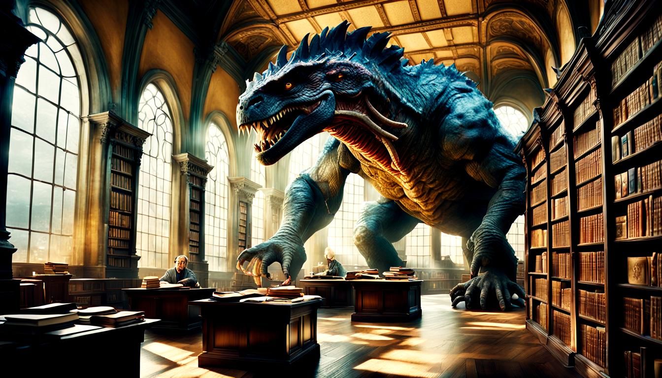 Ancient Library with Reading Monsters: Cinematic Film Still