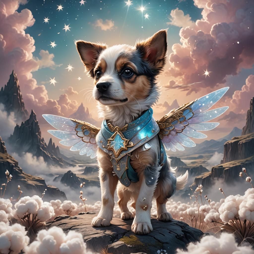 Fantasy Puppy Dog with Wings in Dreamy Landscape