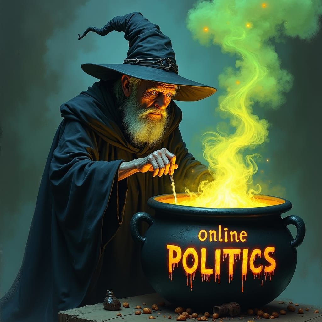 A haggardly old witch, stirring a caustic brew in a Black ca...