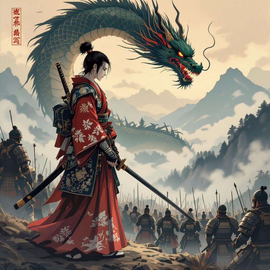 Elf Warrior with Dragon in Japanese Style