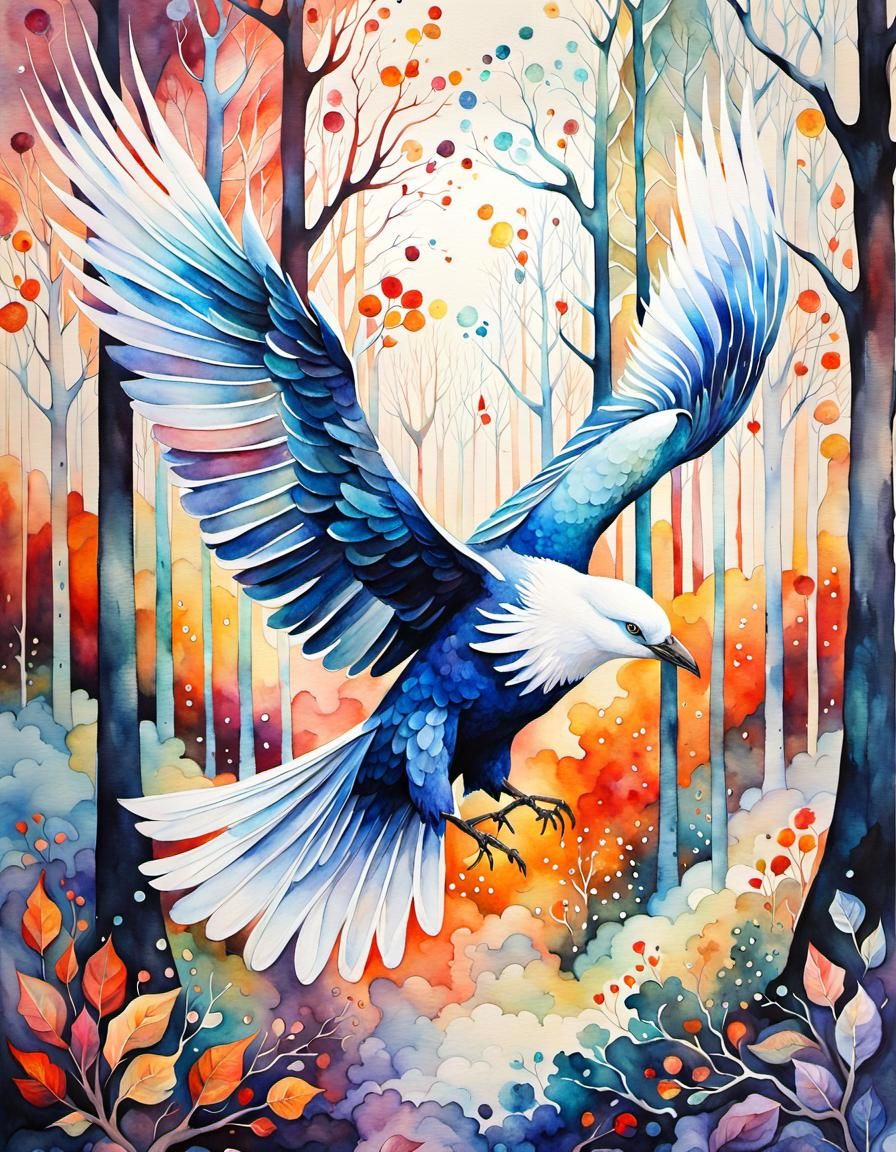 White Crow in Watercolor Forest with Runes