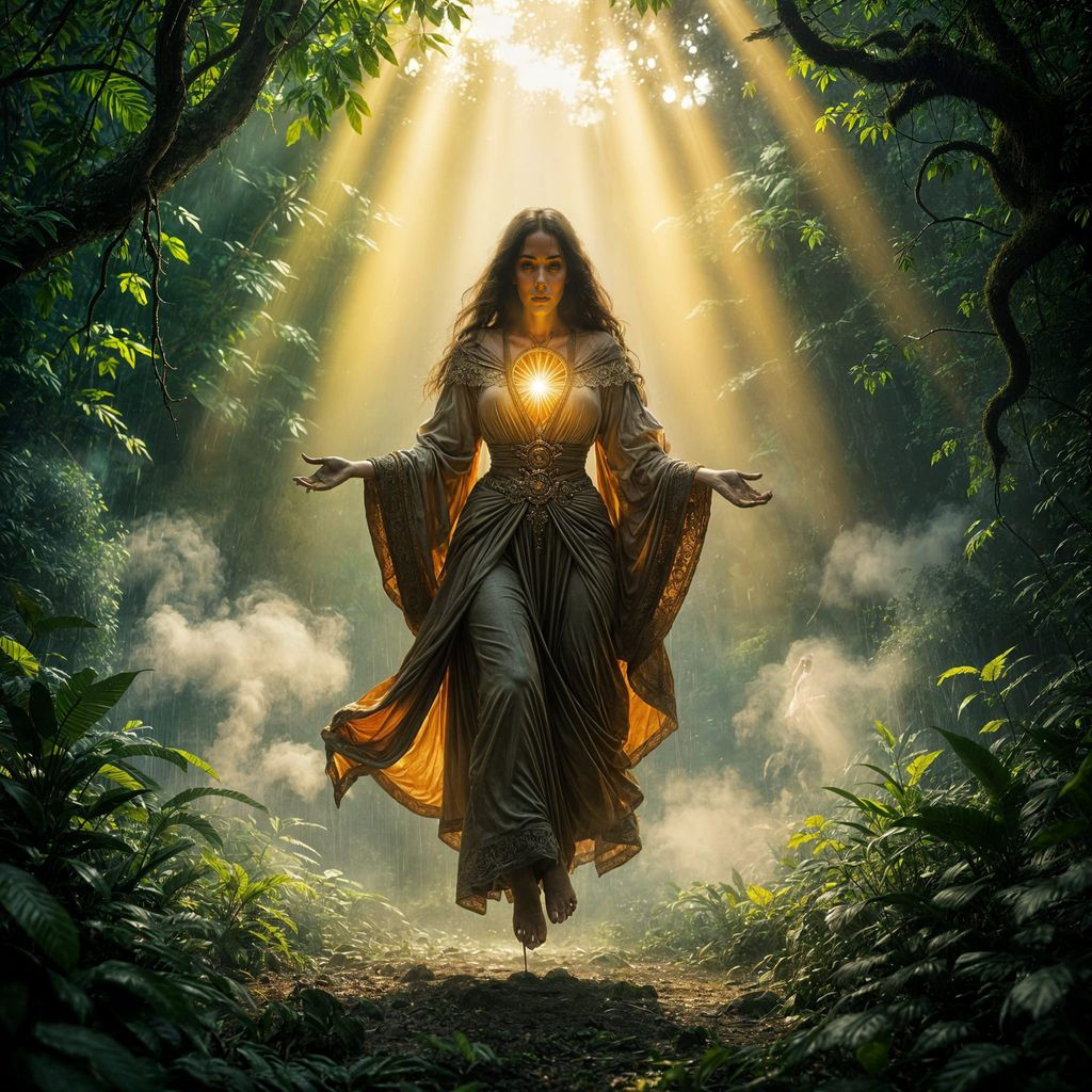 Woman's Spiritual Awakening in Rainforest: Digital Matte Pai...