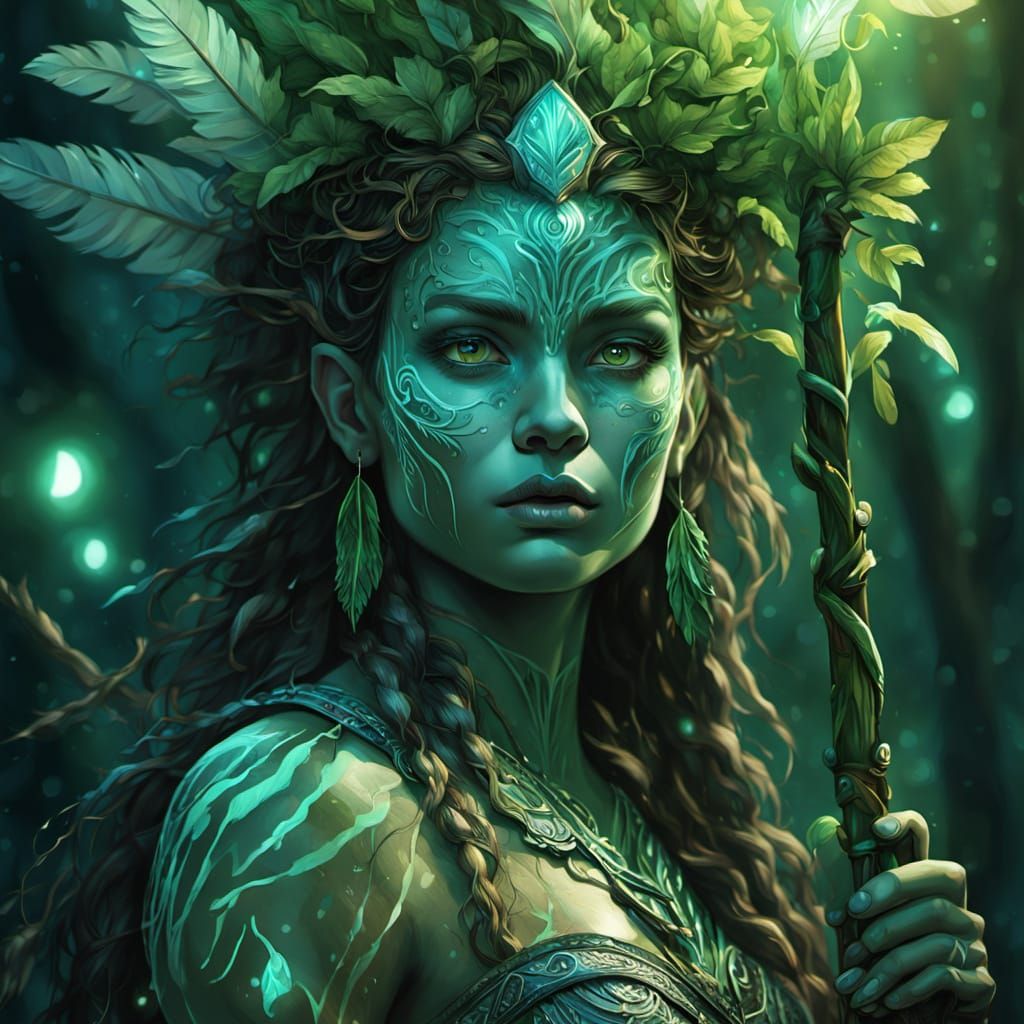Shamanic Dryad with Glowing Eyes, Digital Art