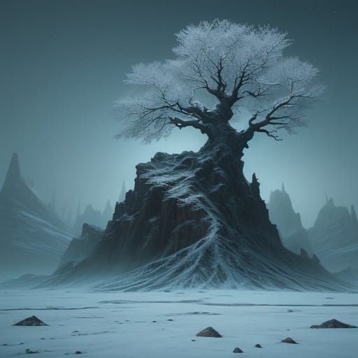 Ancient Tree Illuminated in Eternal Winter's Glow on Christm...